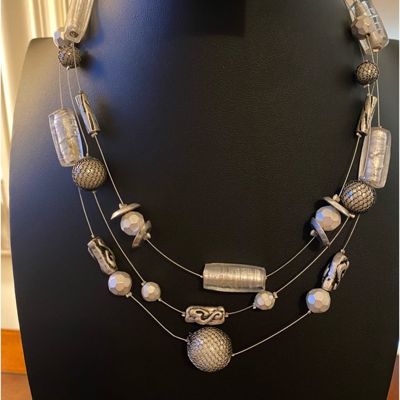 Silver Wire Necklace with Glass Beads, Silver Charms and Hammered Silver… - Picture 1 of 6